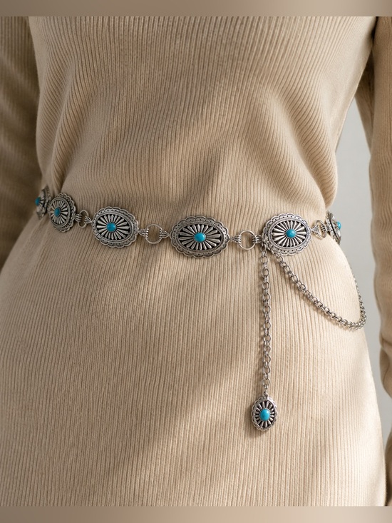 Vintage Accessories - Vintage Style Western Concho Chain Belt Silver Tone Turquoise 118cm